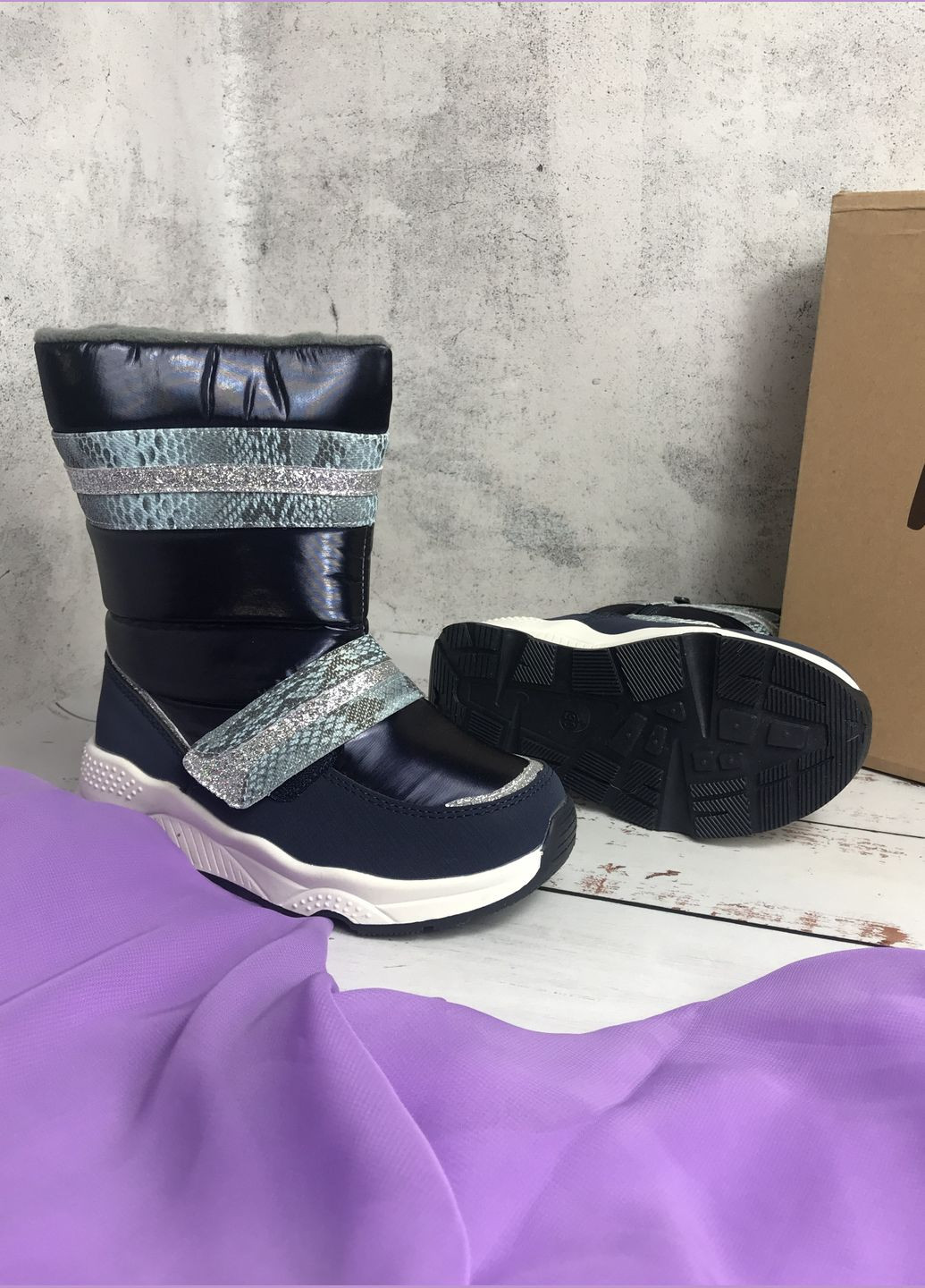 Темно-синие сапоги детские дутики на девочку темно-синий (428) Weestep на молнии