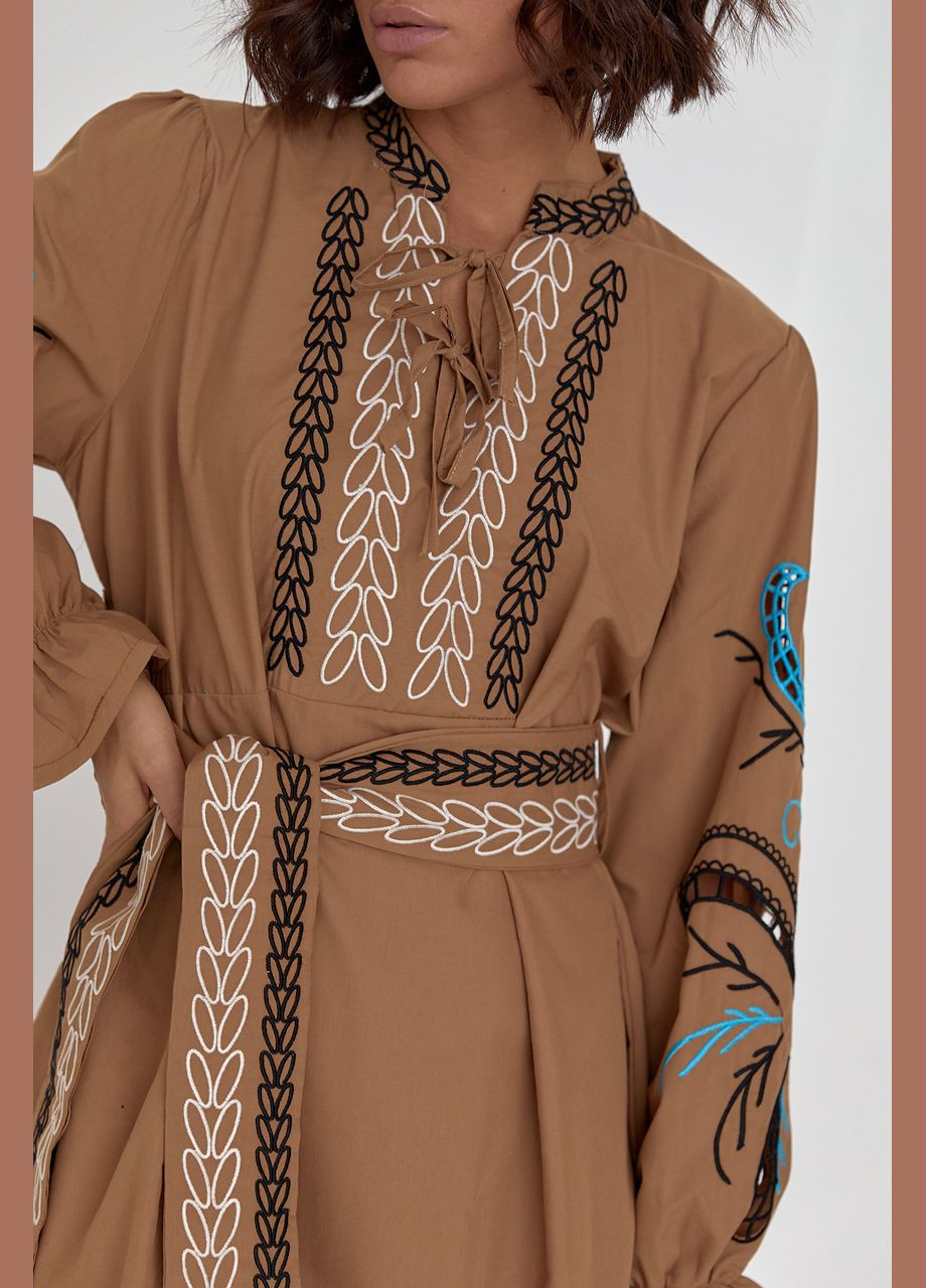 Коричневий зимній жіноча вишита сукня жито коричнева ESQ 4515