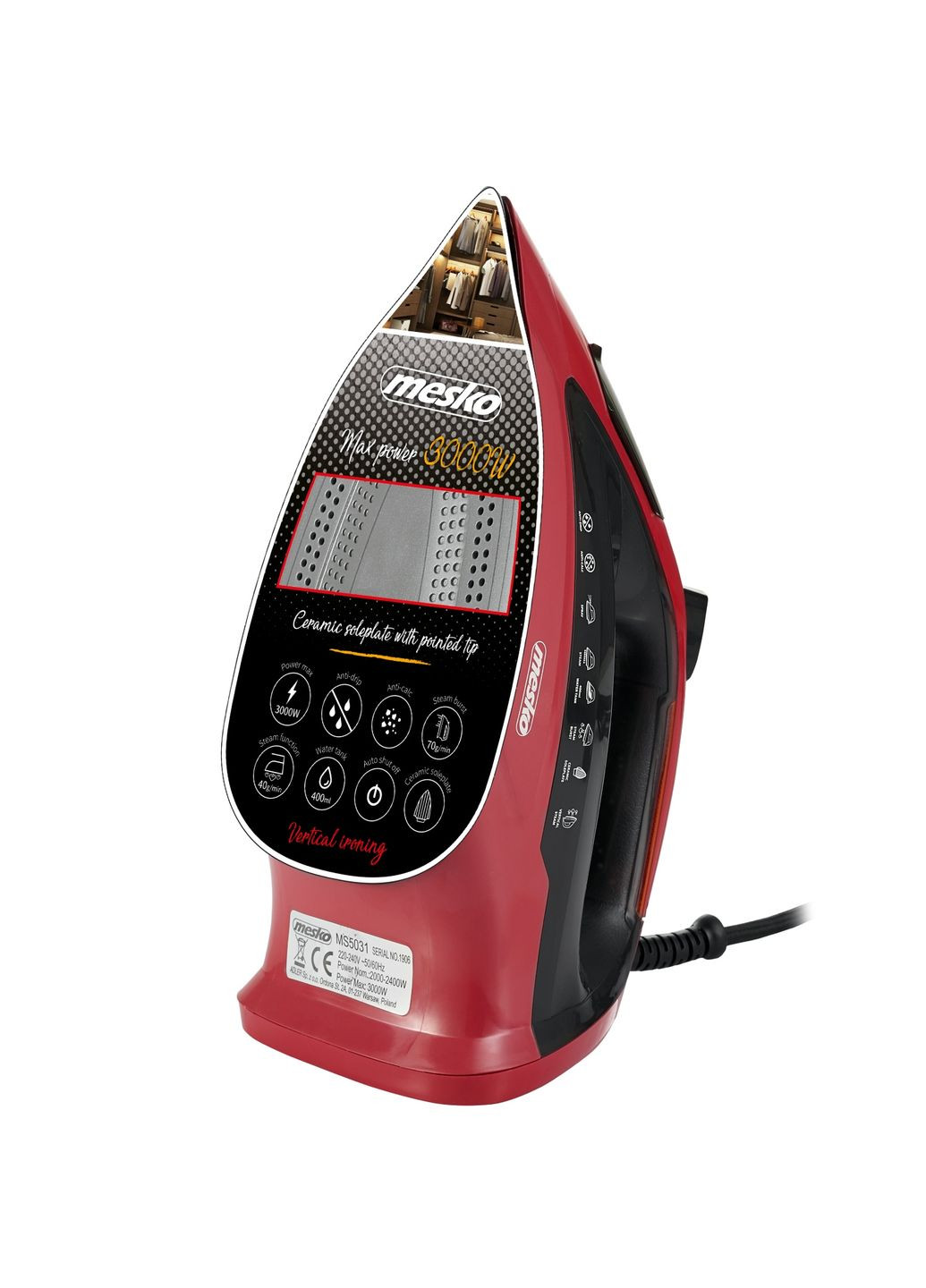 Утюг MS 5031 red 3000Вт/ 400 мл/ керамика/ ''Капля-стоп''/автовыключение/ красный Mesko (360404294)