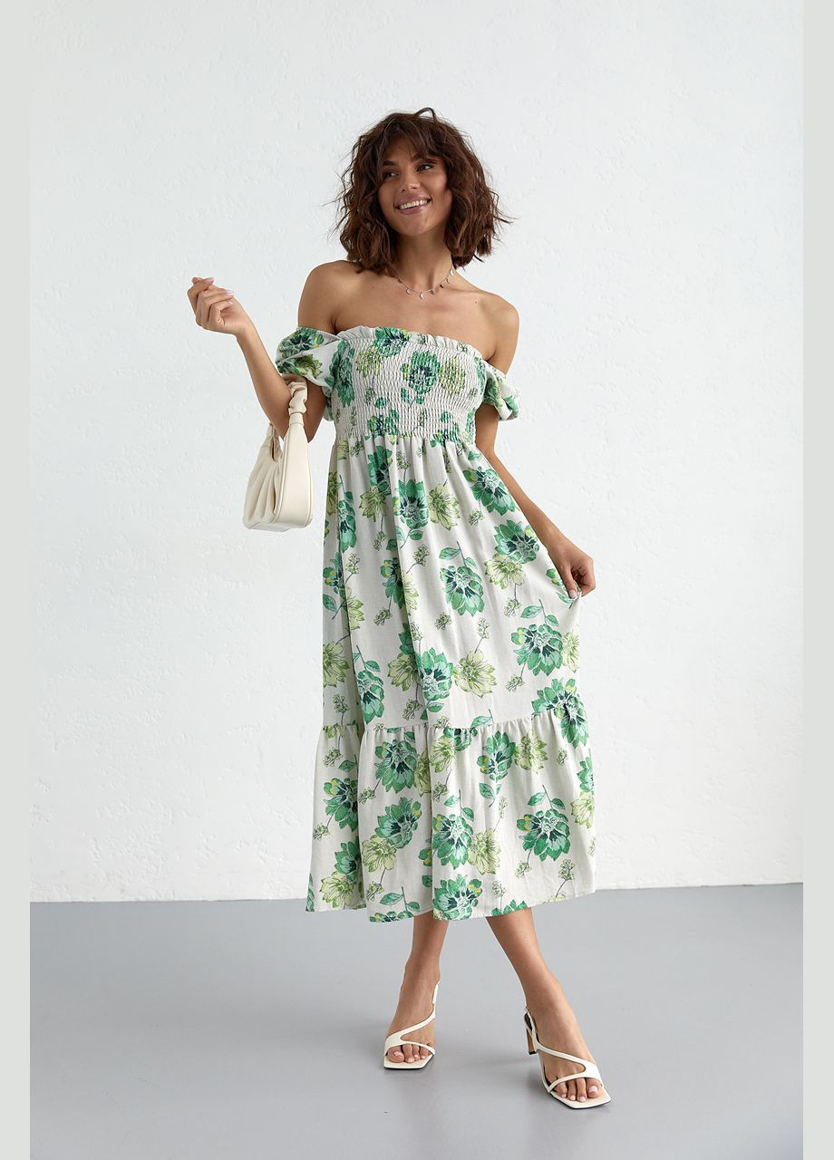 Зелена повсякденний літнє плаття в квітковий візерунок з відкритими плечима 6336 Lurex з квітковим принтом