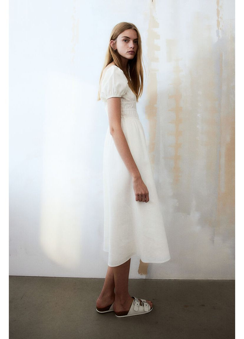 Белое кэжуал платье макси в составе со льном H&M однотонное