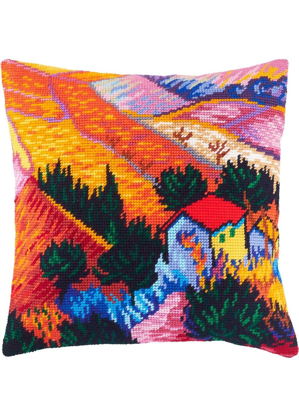 Набір для вишивки подушки хрестиком Пейзаж з будинком та робітником Вінсент Ван Гог Страмін з пряжею Zweigart 40х40 см No Brand (333165892)