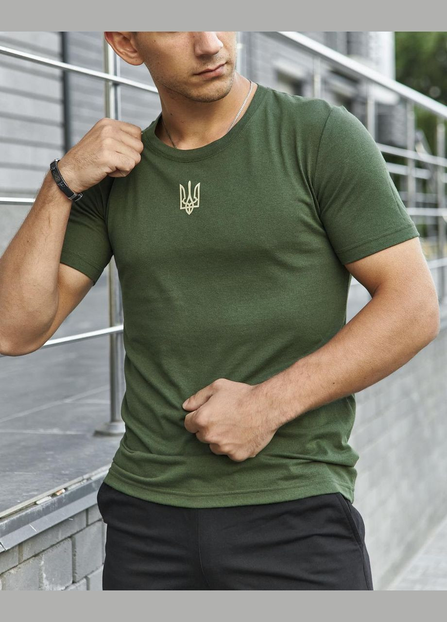 Хаки (оливковая) футболка мужская, украинский герб, мужские футболки с украинской символикой, классные футболки тризуб с коротким рукавом Intruder