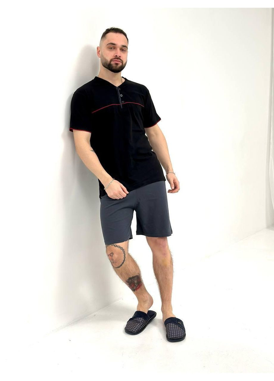 Чоловіча котонова піжама чорна з графітовими шортами / Домашній чоловічий костюм з коротким рукавом чорний-графіт No Brand (367610215)