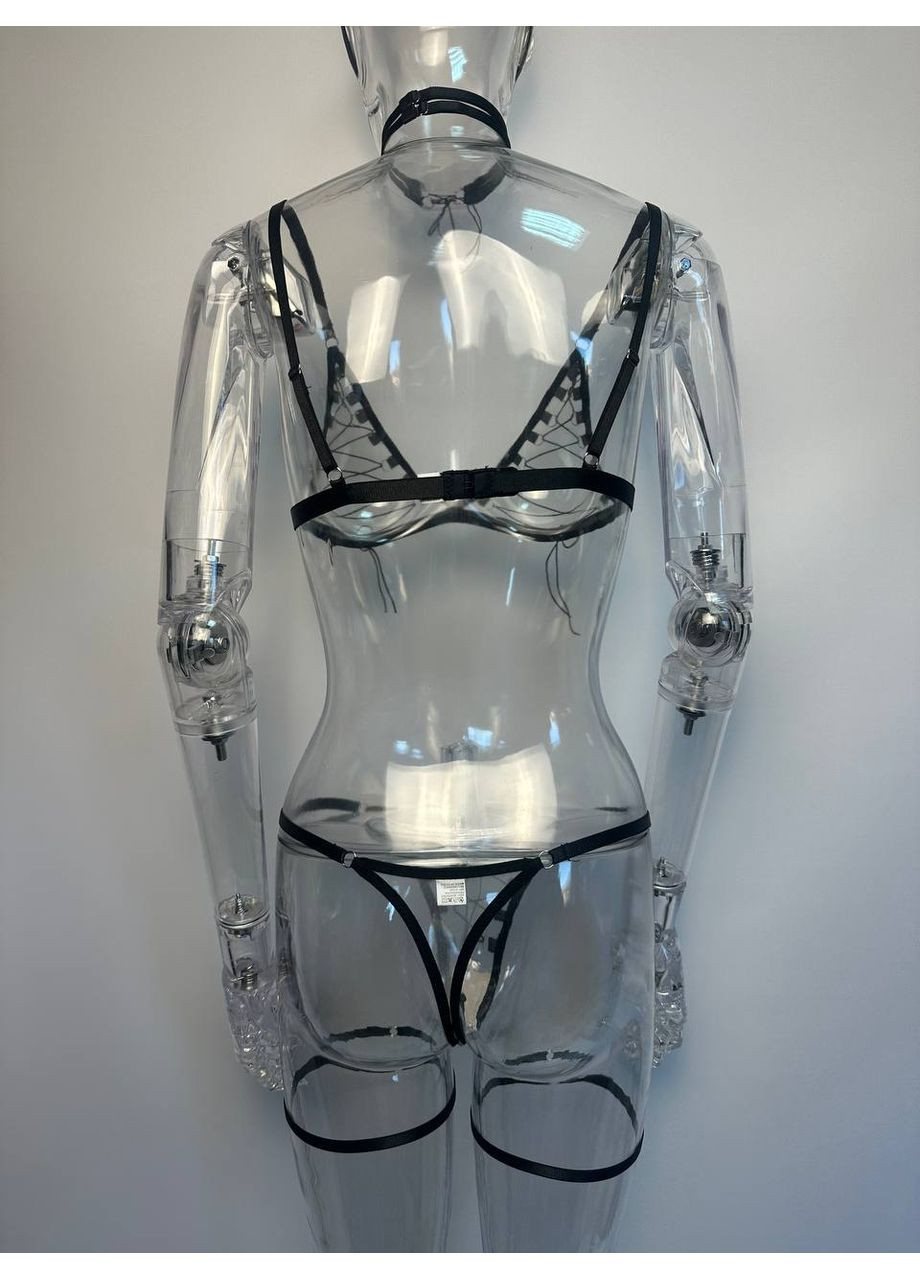 Чорний демісезонний комплект жіночої нижньої білизни poker з шнурівкою бюстгалтер трусики з гартерами та чокер червоний No Brand Покер