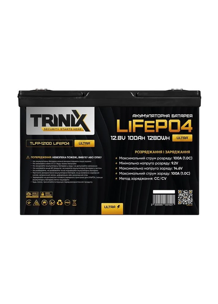 Акумуляторна батарея літій-залізо-фосфатна 12.8В 100А*год TLFP-12100 Ultra LiFePO4 з Bluetooth (Black) (44-00085) Trinix (382764681)