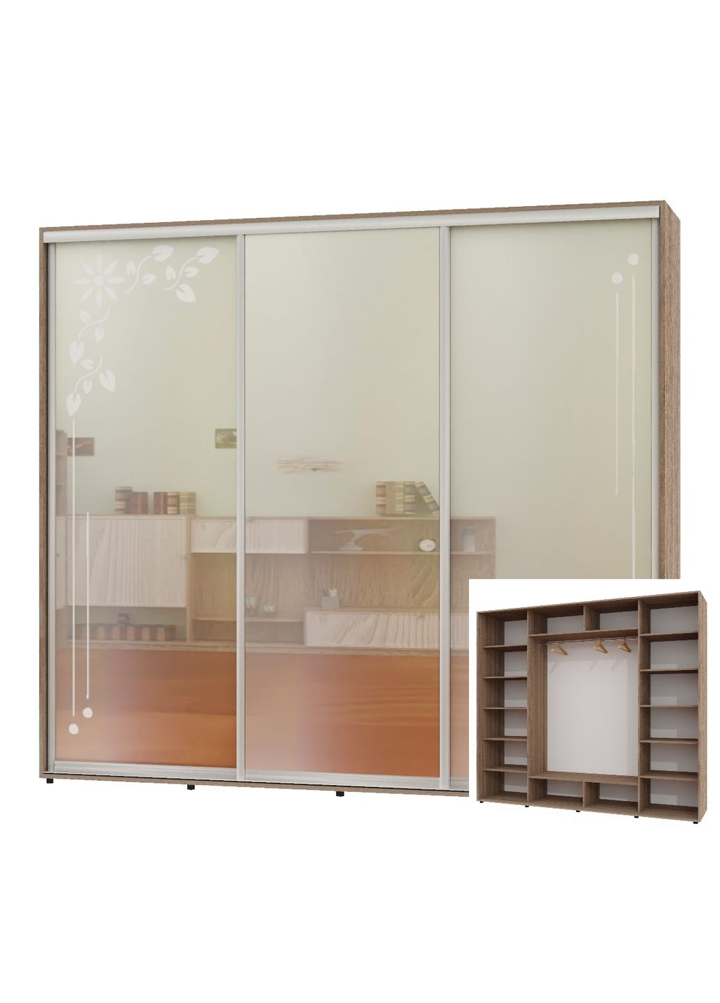 Шафа-купе тридверна 250*60*250 Дуб Сонома трюфель 2 Дзеркала з піскострумним малюнком/Дзеркало ШК-05 Алекса (360476737)