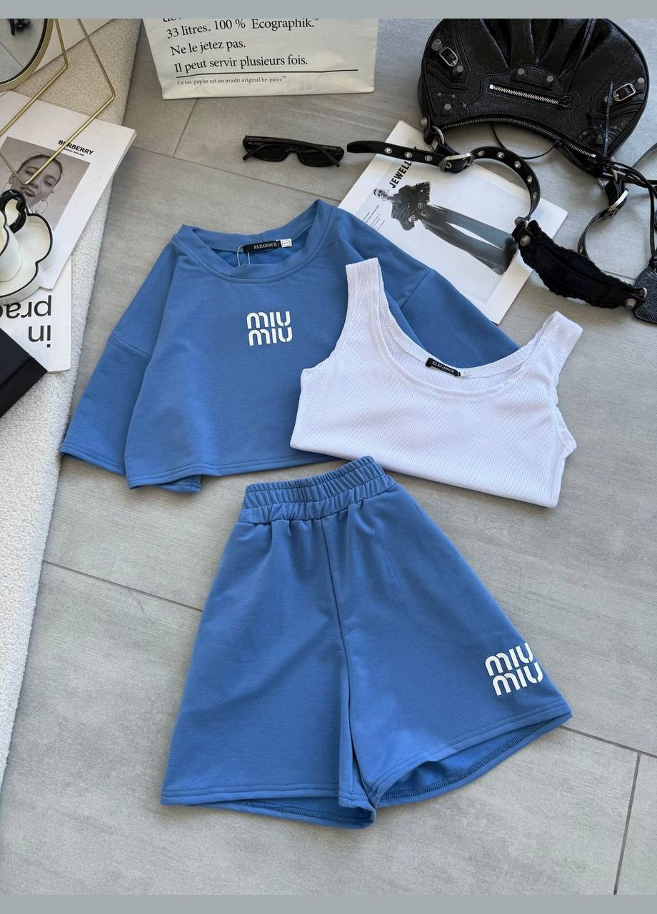 Костюм трійка двонитка рубрик,топ,шорти,футболка No Brand (333964788)