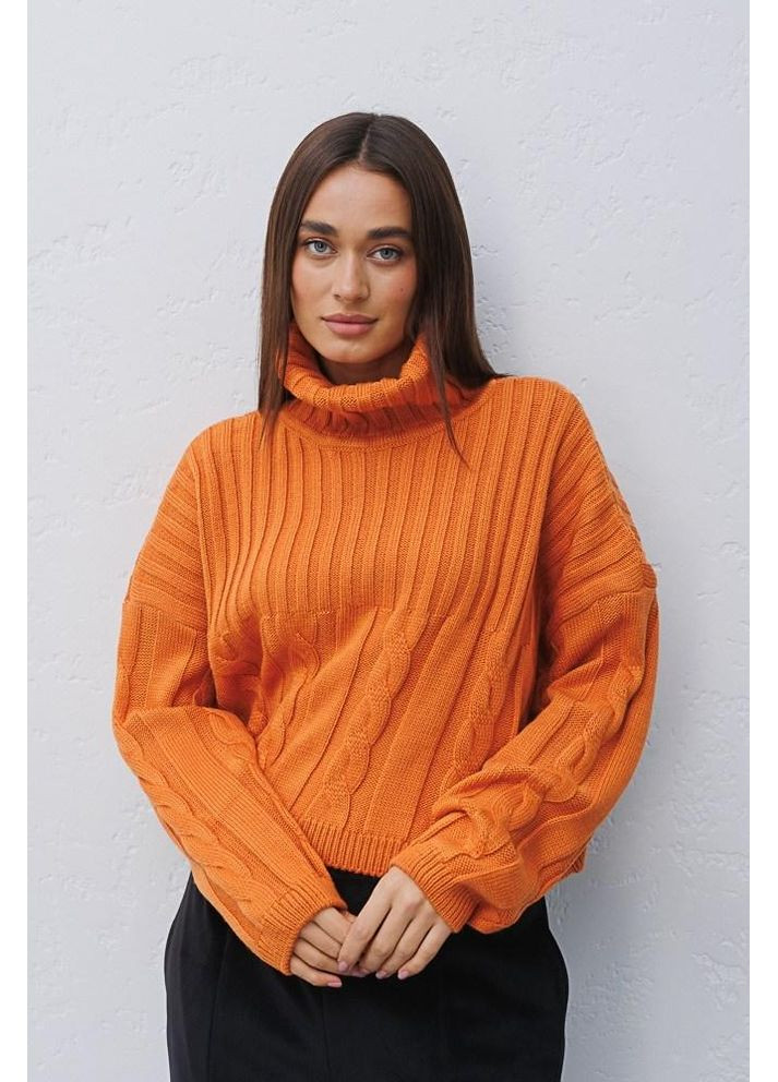 Оранжевый зимний свитер женский короткий косичка горло спущенный рукав 44/46 No Brand