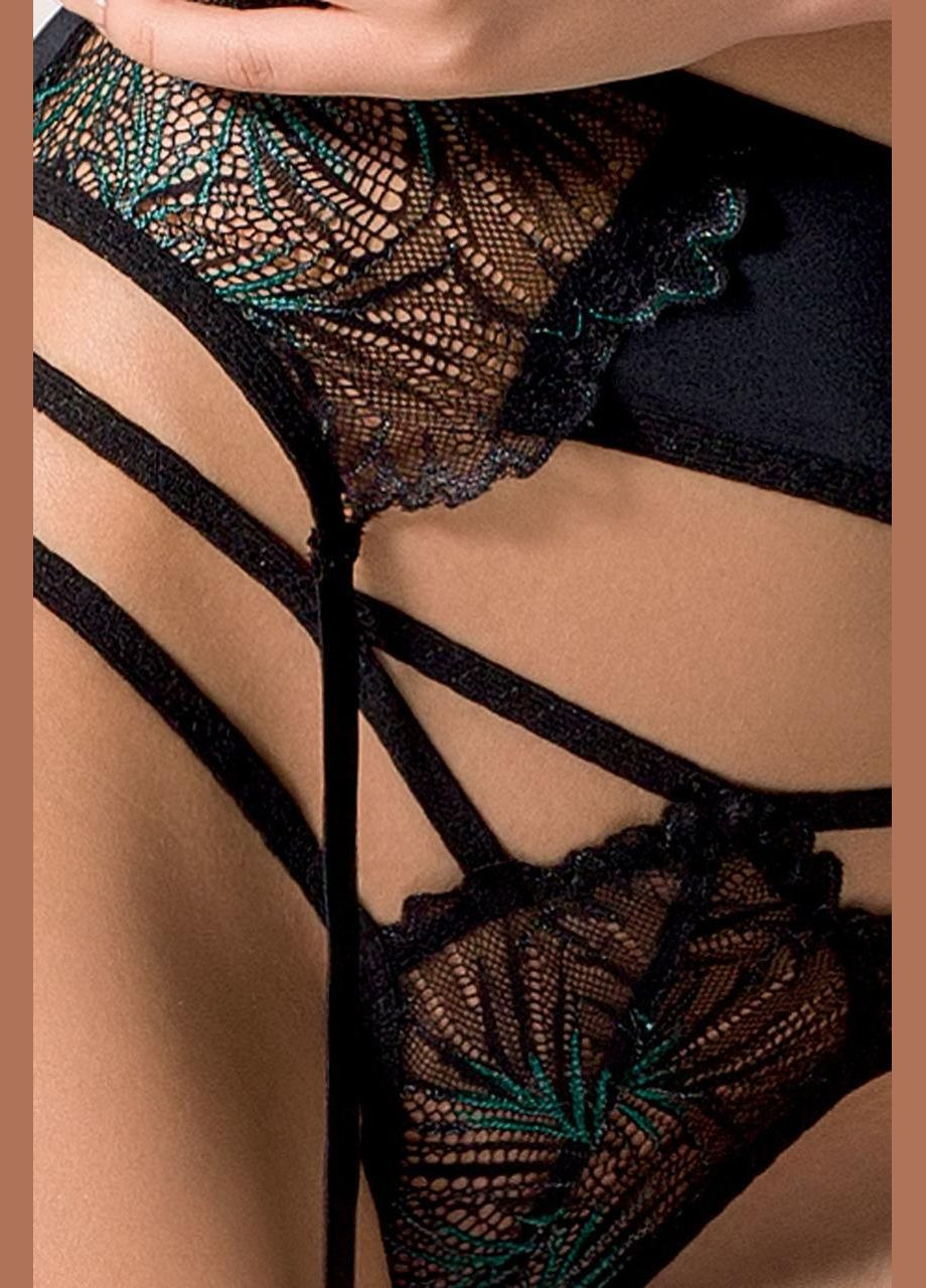 Чорний демісезонний комплект білизни set black xxl/xxxl - passion exclusive: ліф, трусики, пояс для панчіх Floris