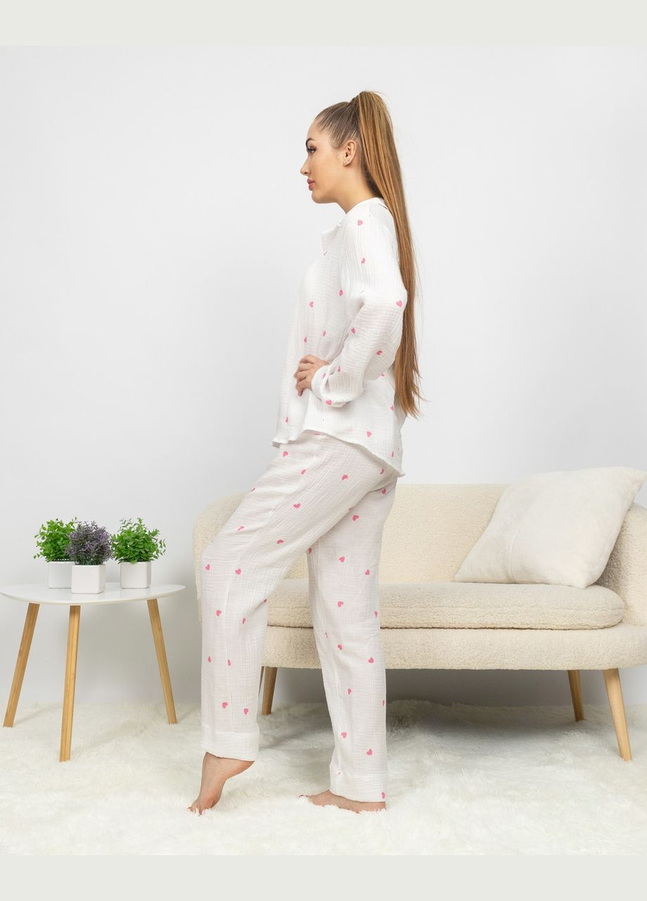 Белая всесезон пижама женская костюм домашний из муслина рубашка со штанами розовые сердца Maybel