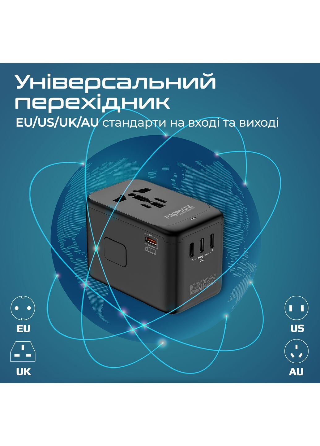 Зарядное устройство для TripMate-GaN100 100W Black Promate (360403591)