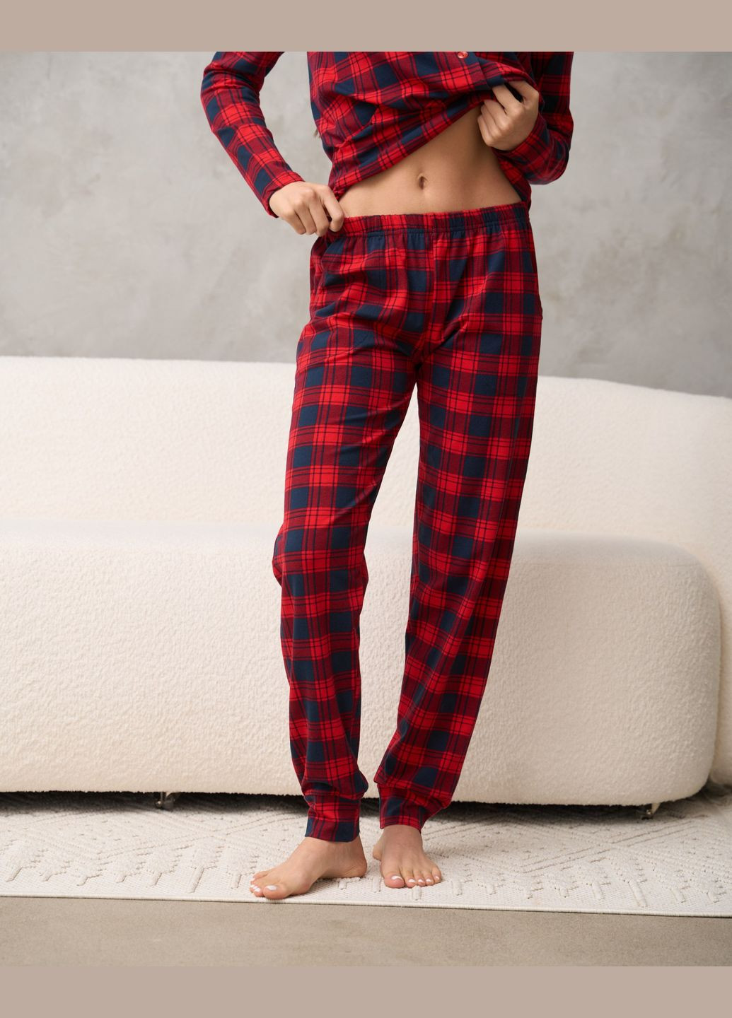 Червона всесезон жіноча піжама на ґудзиках червона клітинка family look для пари бавовняний домашній одяг Nicoletta