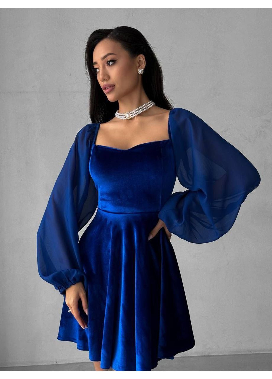 Синее нарядное бархатное платье синего цвета 35602 клеш Fashion однотонное