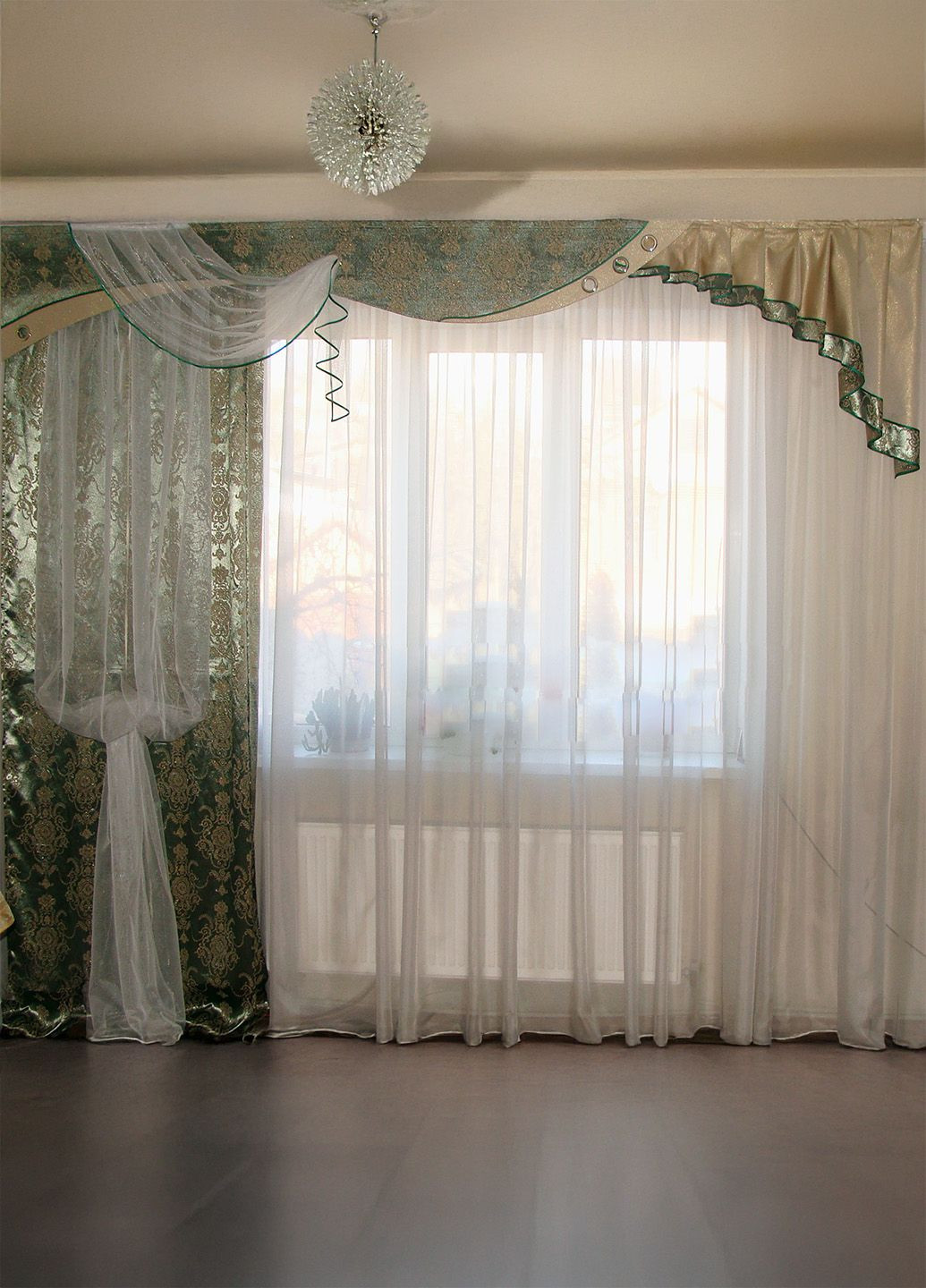 Жесткий ламбрекен с шторами Люкс 250см зеленый с молочным (43ж) Firanka Style (336964126)