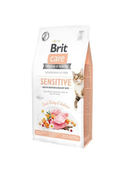 Сухой корм Cat GF Sensitive HDigestion & Delicate Taste для кошек с чувствительным пищеварением, индейка и лосось, 7 кг Brit Care (362702557)