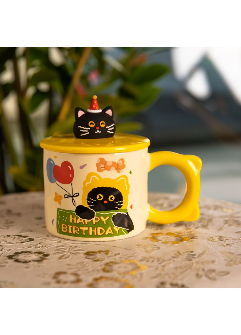 Чашка порцелянова з кришкою Kitten's Birthday 400 (мл) подарункова кружка прикольна чашка для дітей на подарунок Жовтий FM-24B Yiwu (369654045)
