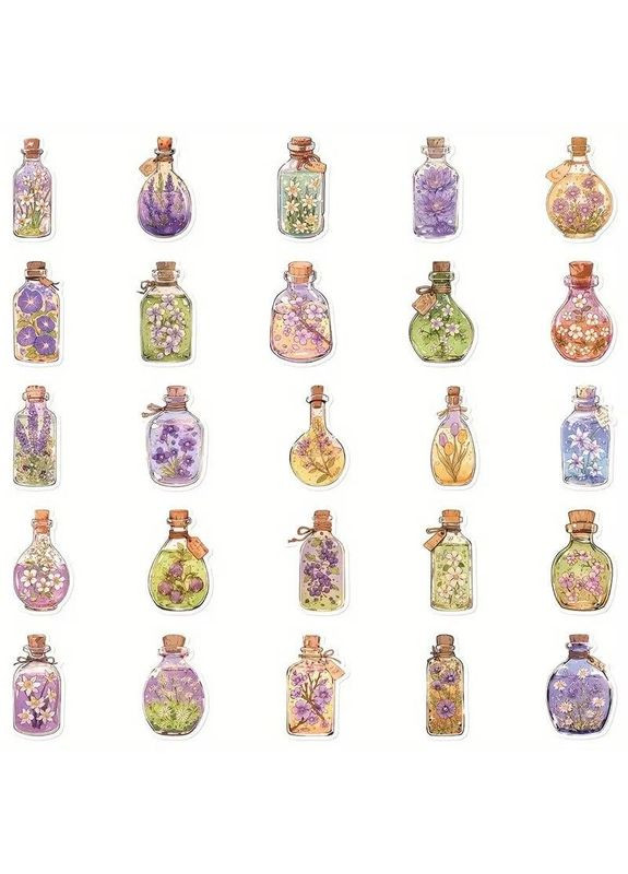 Наклейки стикеры, набор наклейок 50 штук, наклейки стикеры для скрапбукинга, блокнотов, телефона и прочего, Цветочные Бутылочки No Brand (370290267)