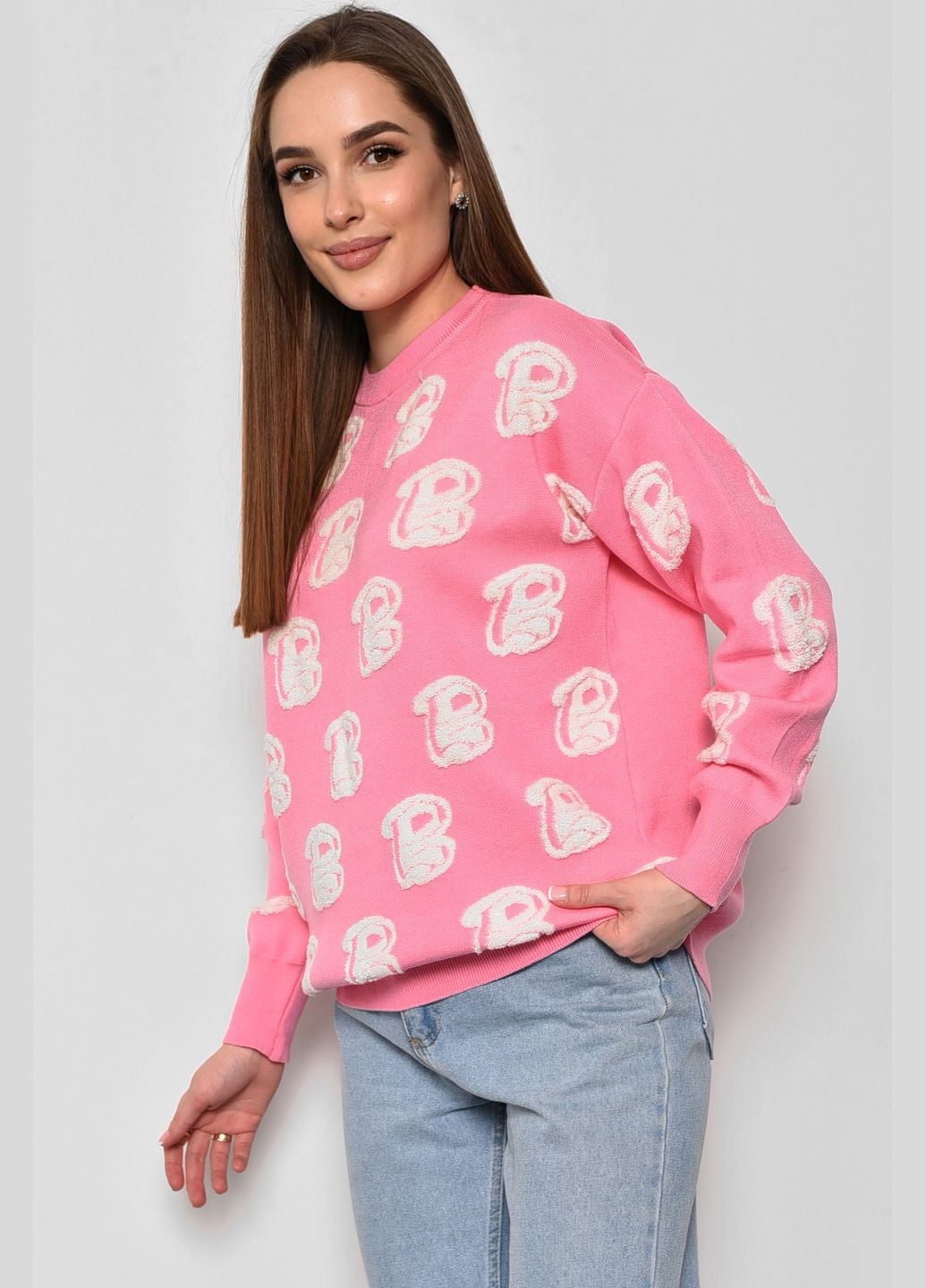 Розовый зимний свитер женский с принтом розового цвета пуловер Let's Shop