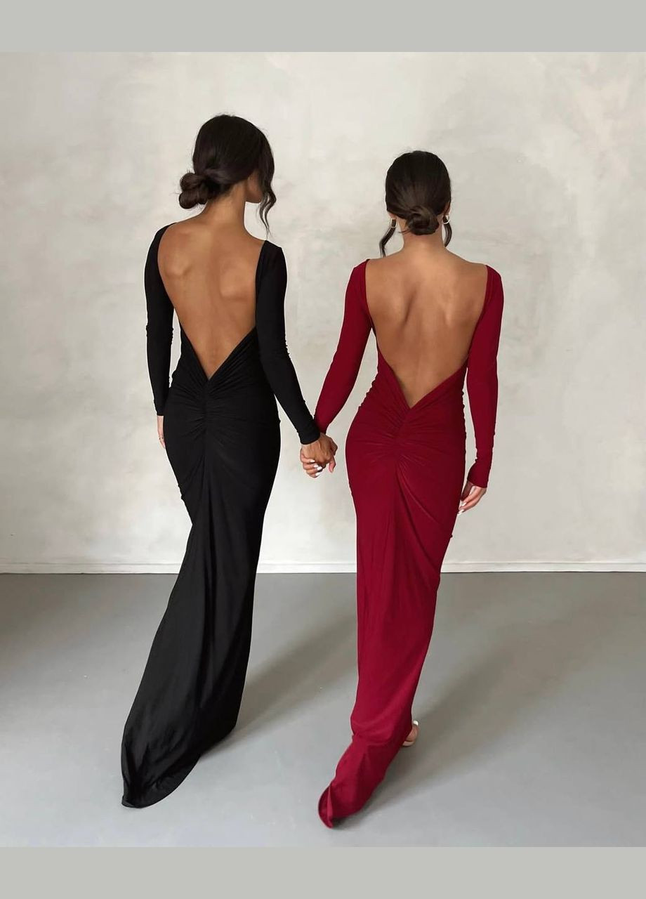 Бордовое платье-макси со шлейфом бордового цвета, с открытым декольте и спиной,идеальный вечерний образ для особых случаев No Brand однотонное