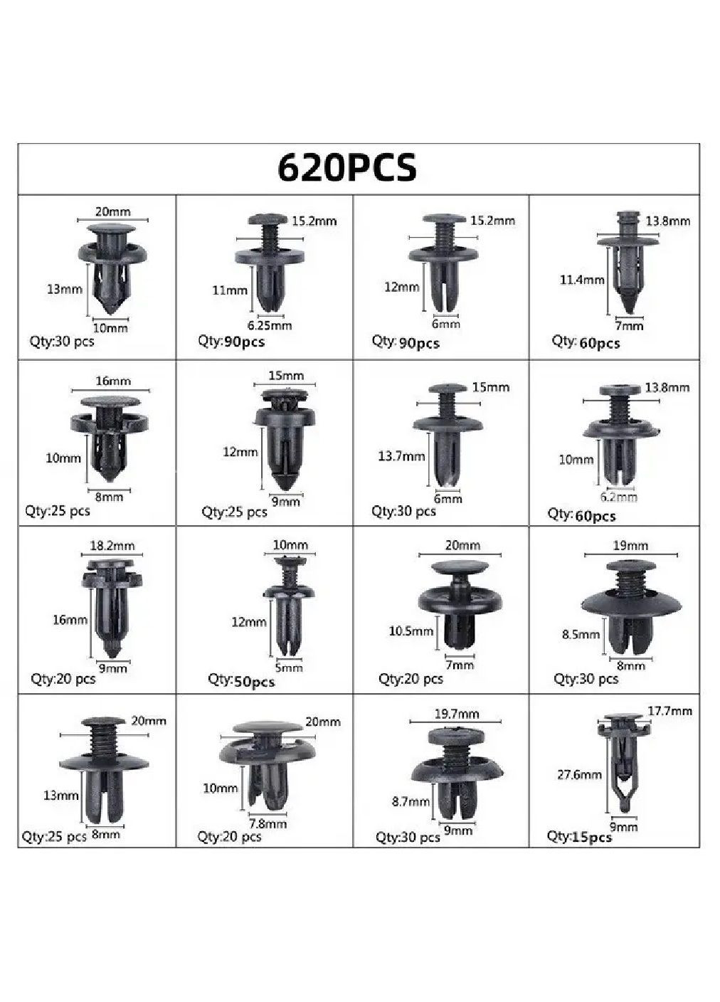 Набор комплект 16 типов крепежных клипс с отверстиями 6-10 мм для всех видов автомобилей в кейсе 620 штук (479599-Prob) Unbranded (322443961)