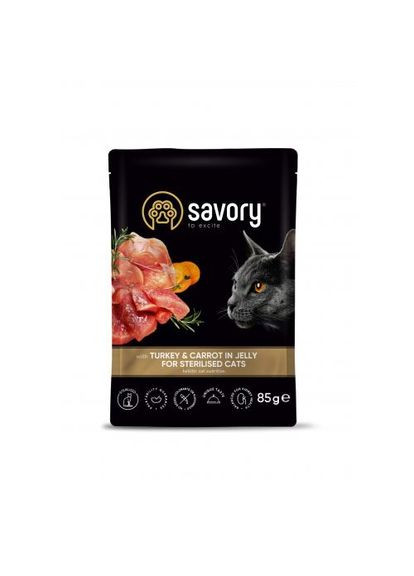 Вологий корм для стерилізованих котів, індичка з морквою в желе, пауч, 85 г Savory (336026431)