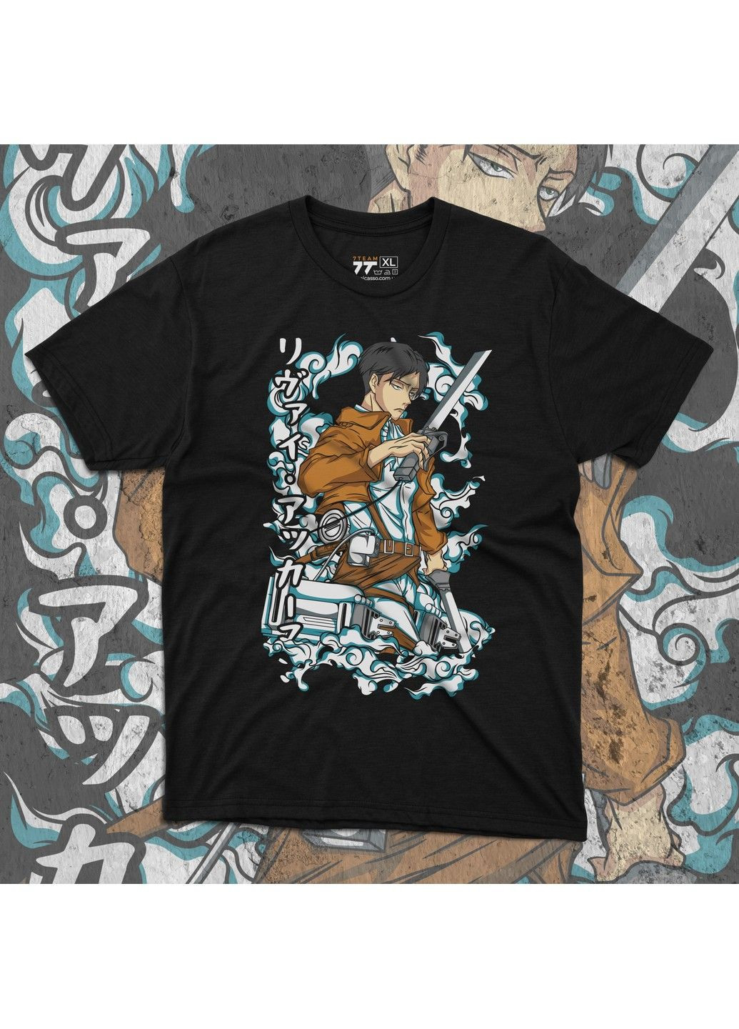 Чорна футболка з принтом атака титанів - леві акерман No Brand