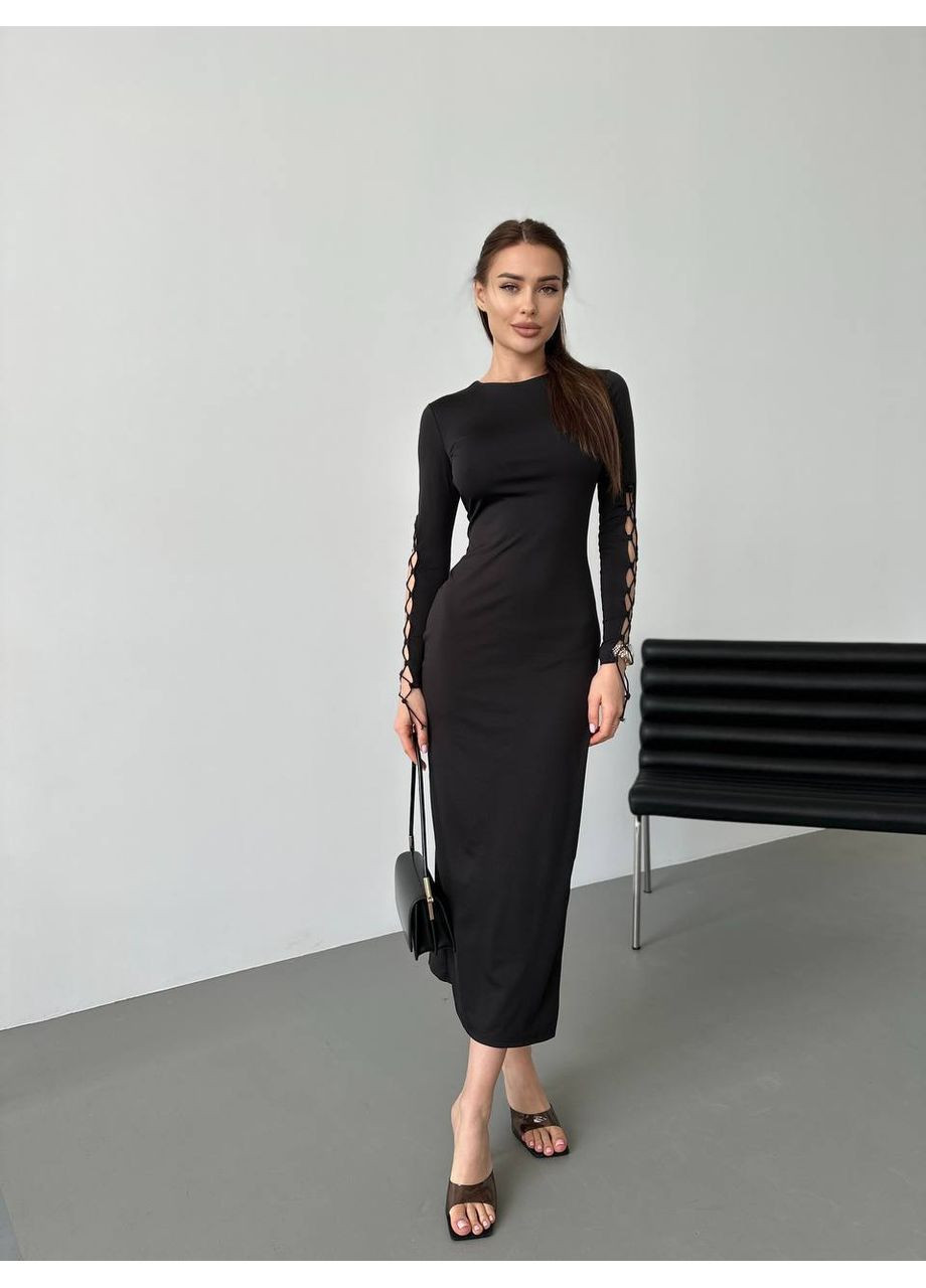 Чорна святковий, коктейльна, вечірня жіноча сукня міді з розрізом та шнурівкою силуетна Avanti однотонна