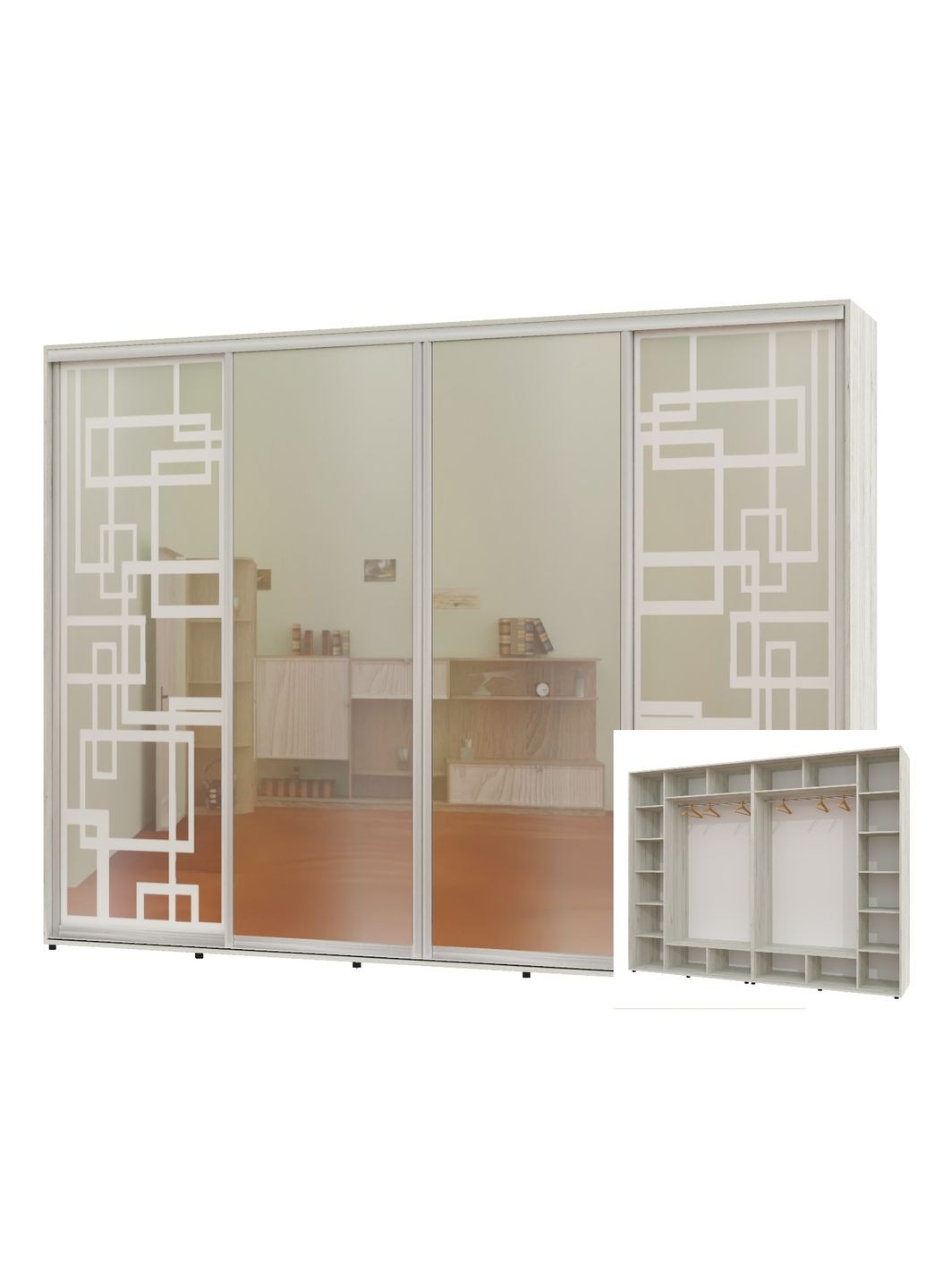 Шкаф-купе четырехдверный 330*60*250 Дуб крафт белый 2 Зеркала с пескоструйным рисунком/2 Зеркала Алекса (360477119)