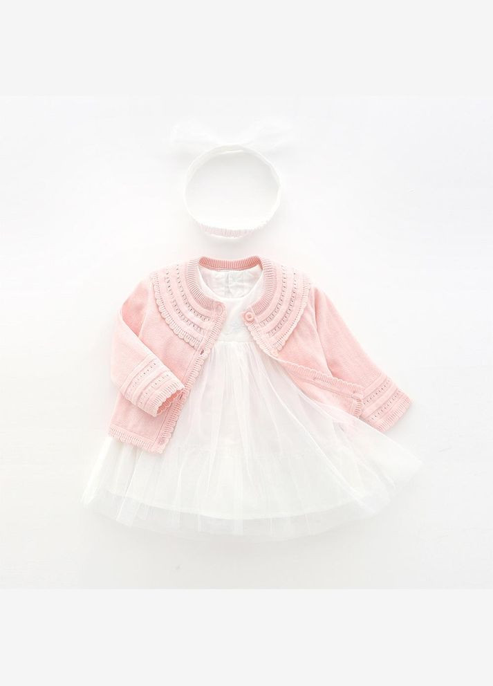 Світло-рожева дитячий комплект (сукня + болеро + пов'язка) для дівчинки арт 7293 біло-рожевий No Brand (308053212)