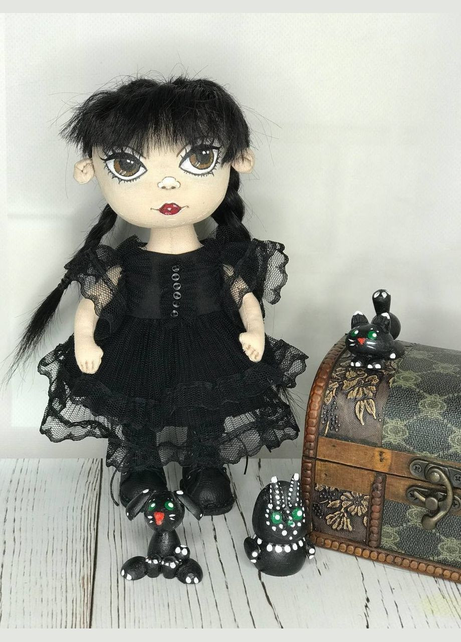 Авторська текстильна лялька для дівчаток ручної роботи інтер`єрна Wednesday Addams Венздей 24см No Brand (337348965)