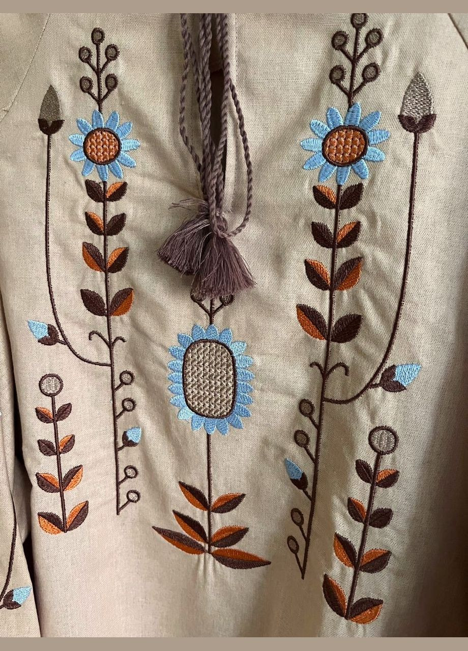 Бежевая женская льняная вышиванка этно рубашка украинская с вышивкой узор цветочный приталенная, свободная, прямой лен (333616097)
