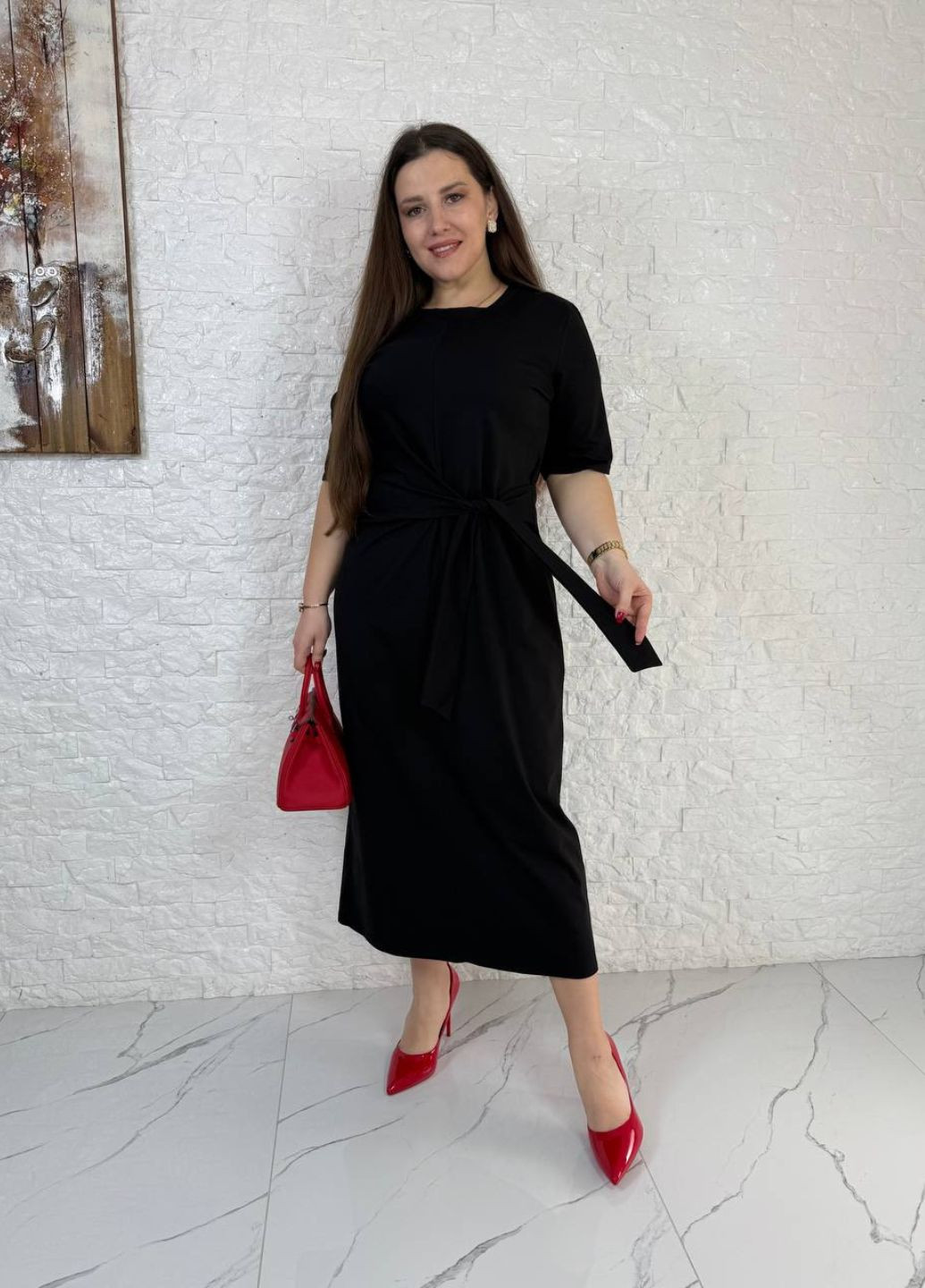 Чорна повсякденний довга сукня з імітацією пояса сукня-футболка Україна однотонна