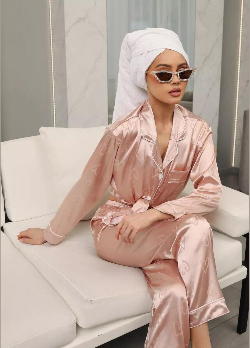 Светло-розовая всесезон женская атласная пижама с сердечками пижамный комплект двойка рубашка и брюки набор для дома с принтом сердечка рубашка + брюки Cindylove