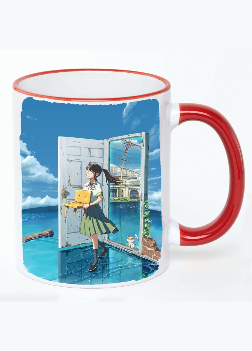 Чашка Судзуме, що закриває двері Аніме #001 (кухоль, кухоль) Біла з Червоною ручкою 330 мл No Brand (322713402)
