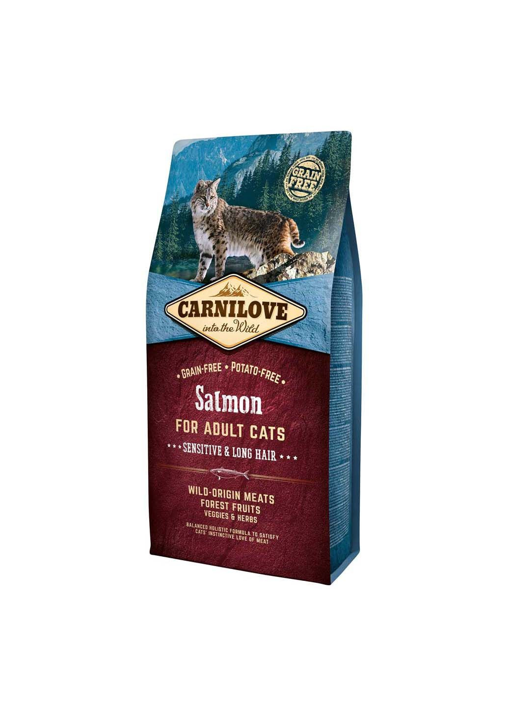 Сухой корм для взрослых кошек с чувствительным пищеварением Salmon Sensitive & Long Hair 6 кг Carnilove (286472910)