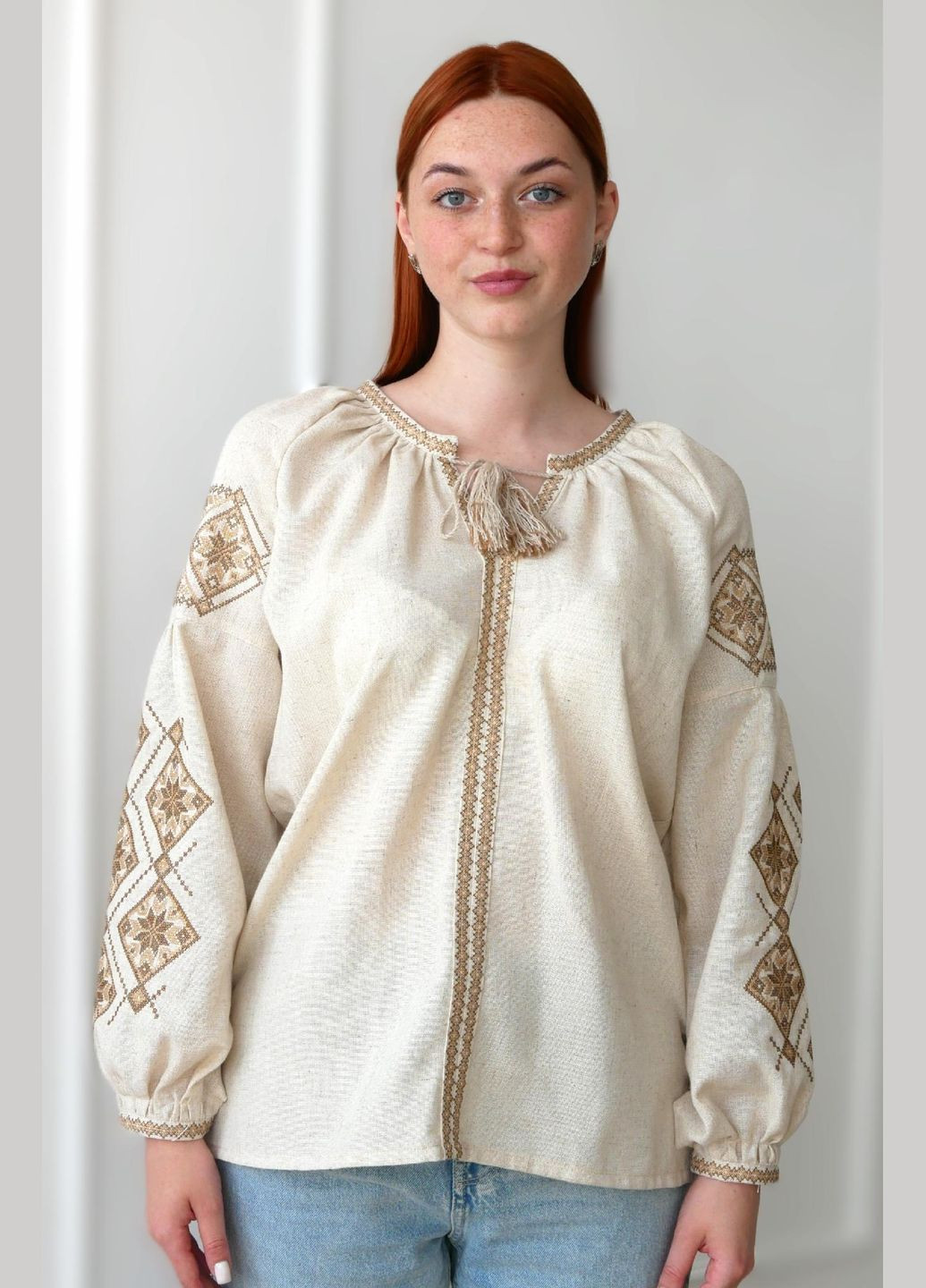 Бежевая вышиванка женская бежевая из льна лелека, раз.s(44) 4PROFI (294207503)