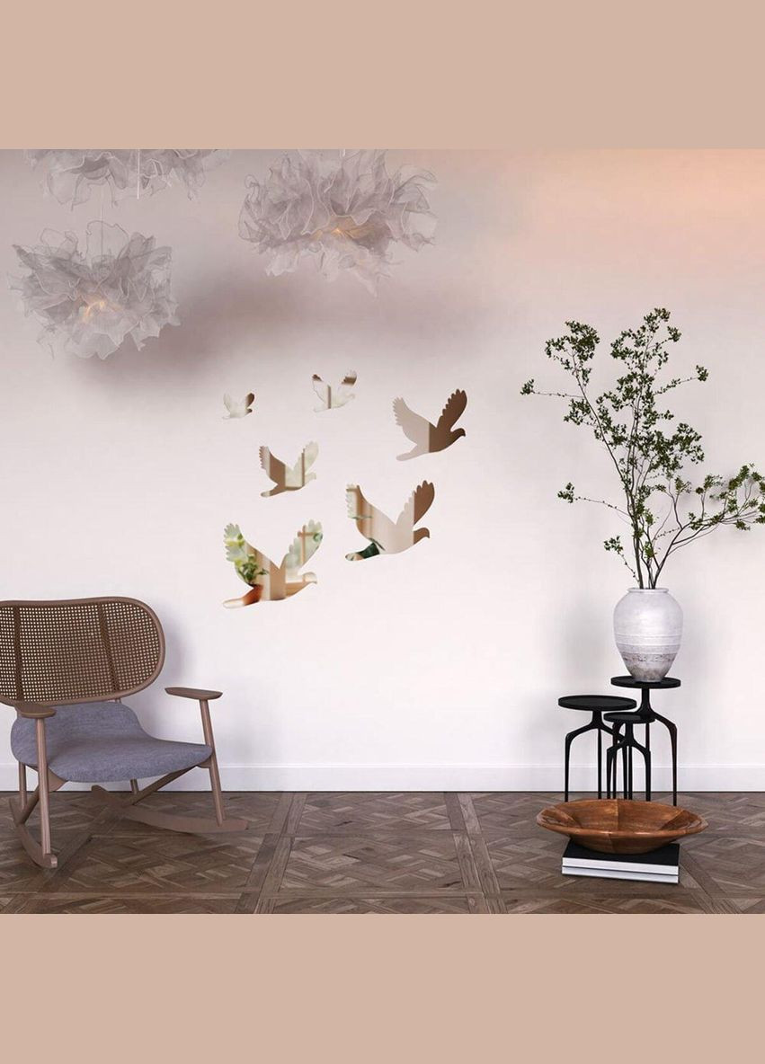 Дзеркальний декор акриловий самоклеючий Птахи срібло, 6шт (D) SW-00002520 Sticker Wall (338854533)