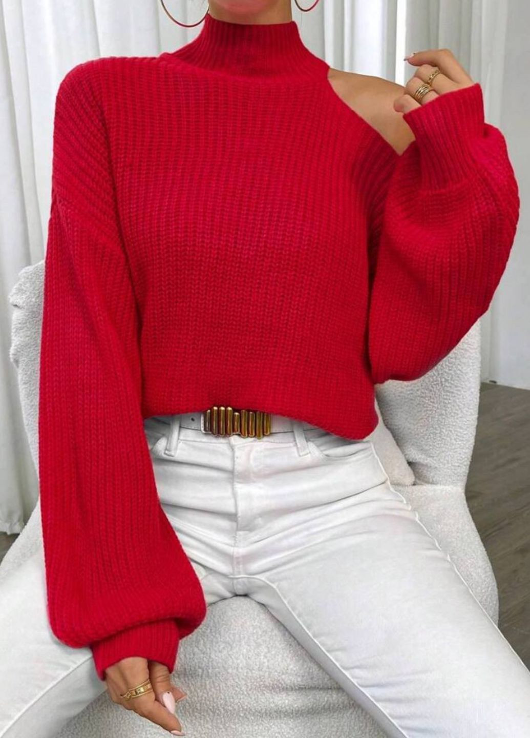 Червоний демісезонний светр з відкритим плечем Україна