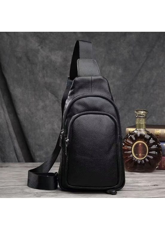 Мужской слинг кожаный 32х18х8, сумка рюкзак на плечо зернистая, бананка для документов23242 черная Vintage (370159522)