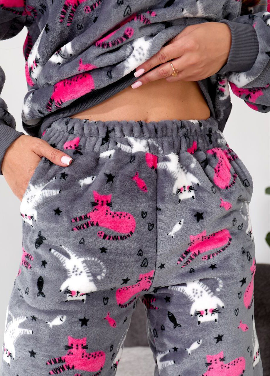 Серая зимняя женская теплая плюшевая пижама свитшот + брюки Modena