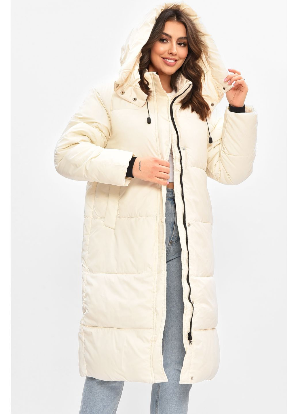 Молочна зимня куртка жіноча подовжена зима молочного кольору Let's Shop