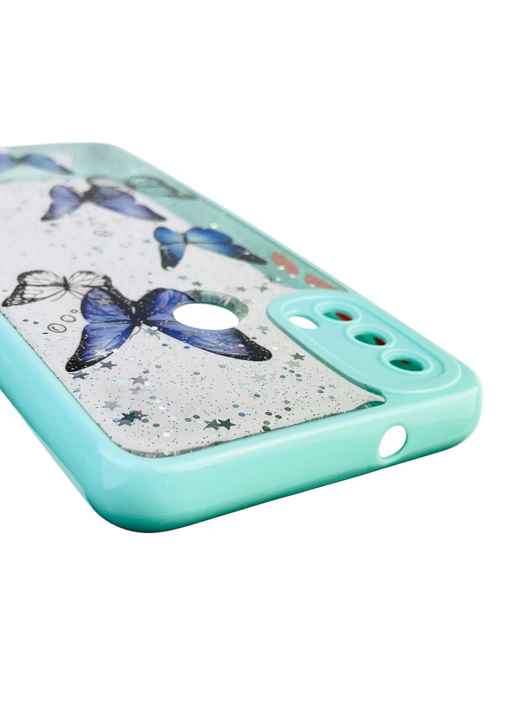 Чохол для Moto E20 з блискітками з метеликами на моторола е20 бірюзовий Motorola (366385979)