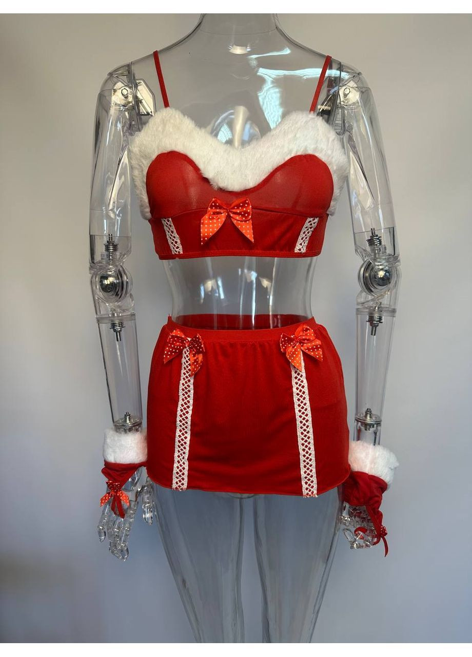 Жіночий спокусливий костюм міс Клаус для рольових ігор декорований хутром з рукавичками No Brand костюм міс Клаус червоний (367833689)