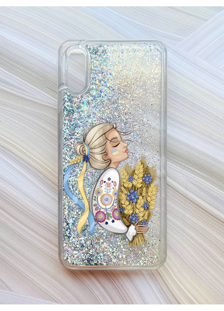 Чохол з плаваючими блискітками на Xiaomi Redmi 9A Срібло Українка з колосками (принт 173) CASE CONTROL (360703796)