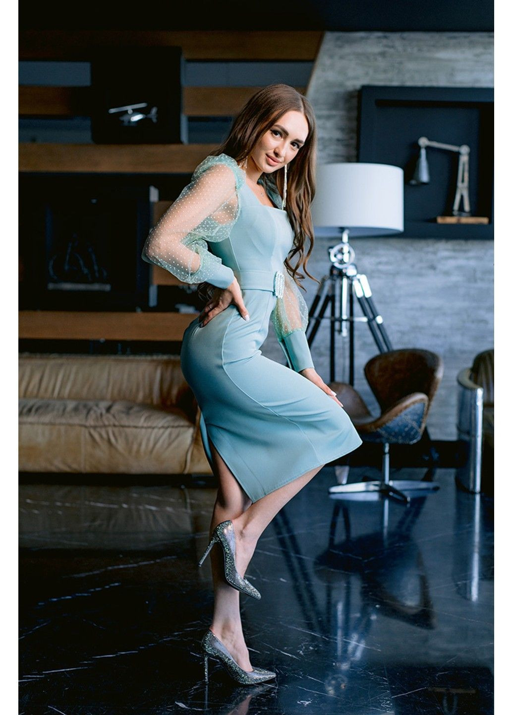 Бірюзова коктейльна сукня об'ємний рукав 23011 шавлія Tanita-Romario