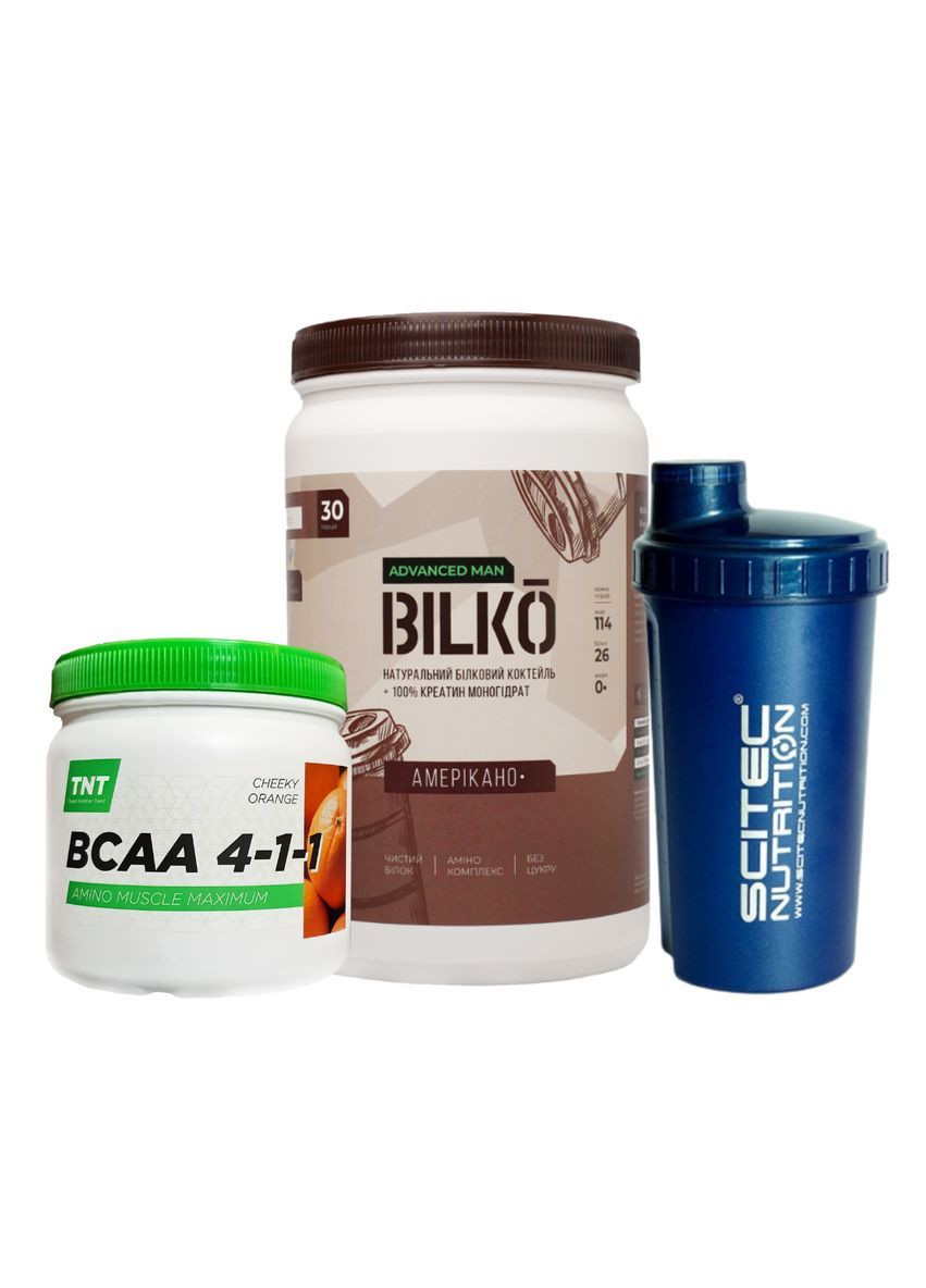 Протеїн комплект для набору м'язової ваги: Ізолят Men 87% 900 грам + ВСАА 500 грам та Шейкер Bilko (372006665)