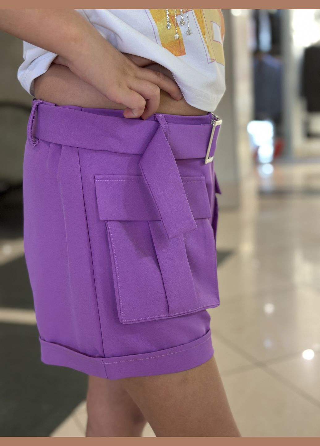 Фиолетовый летний костюм подростковый для девушки y21199-y21198 шорты-карго + фиолетовый футболка с белым. с шортами Y-Clu