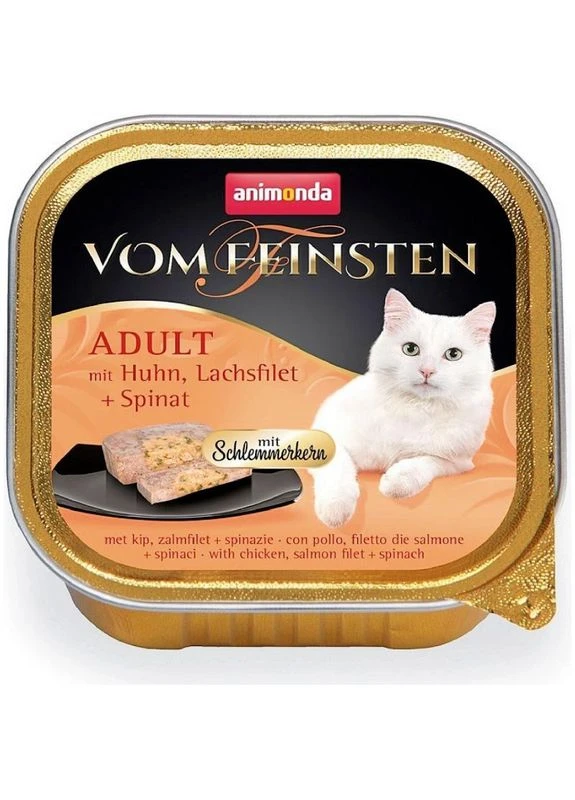 Вологий корм для дорослих котів Vom Feinsten Adult фарширована курка з філе лосося та шпинатом 100 г (4017721832618) Animonda (279569165)