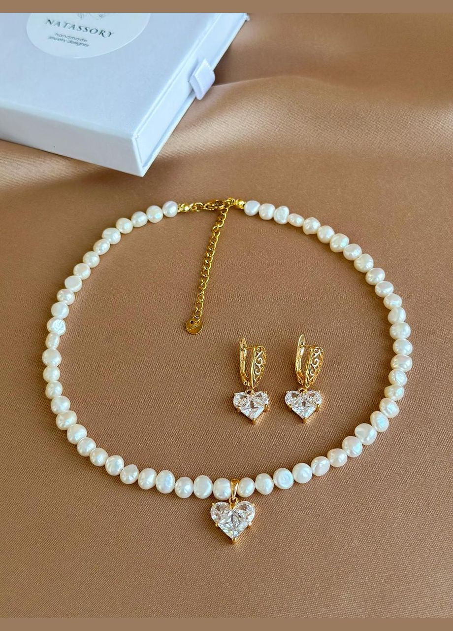 Чокер-колье из натурального жемчуга и подвеска сердечко с цирконами L=36 см No Brand циркон, жемчуг (369505285)